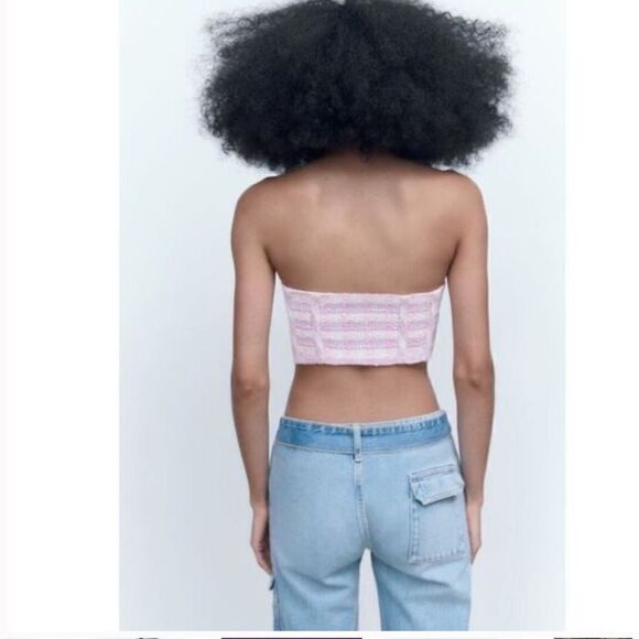 NWT Zara Pink Purple White Plaid Tweed Textured Corset Crop Top Sz M - Picture 3 of 9